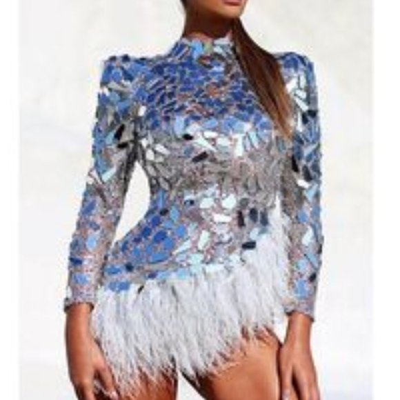 NITELINE by DELLA ROUFOGALI VINTAGE BLUE SEQUIN/STUDDED COLLAR COCKTAIL DRESS - Picture 13 of 17